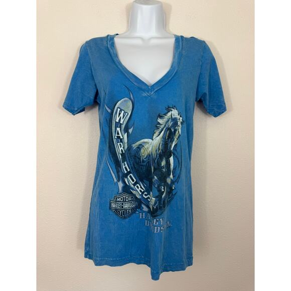Harley-Davidson War Horse Ocala Florida Blue V-Neck Graphic Tee Size M - Picture 1 of 7